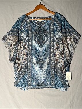 Cactus + Pearl Large NWT Women’s Paisley Sheer Overlay Batwing Top -Blue & Cream
